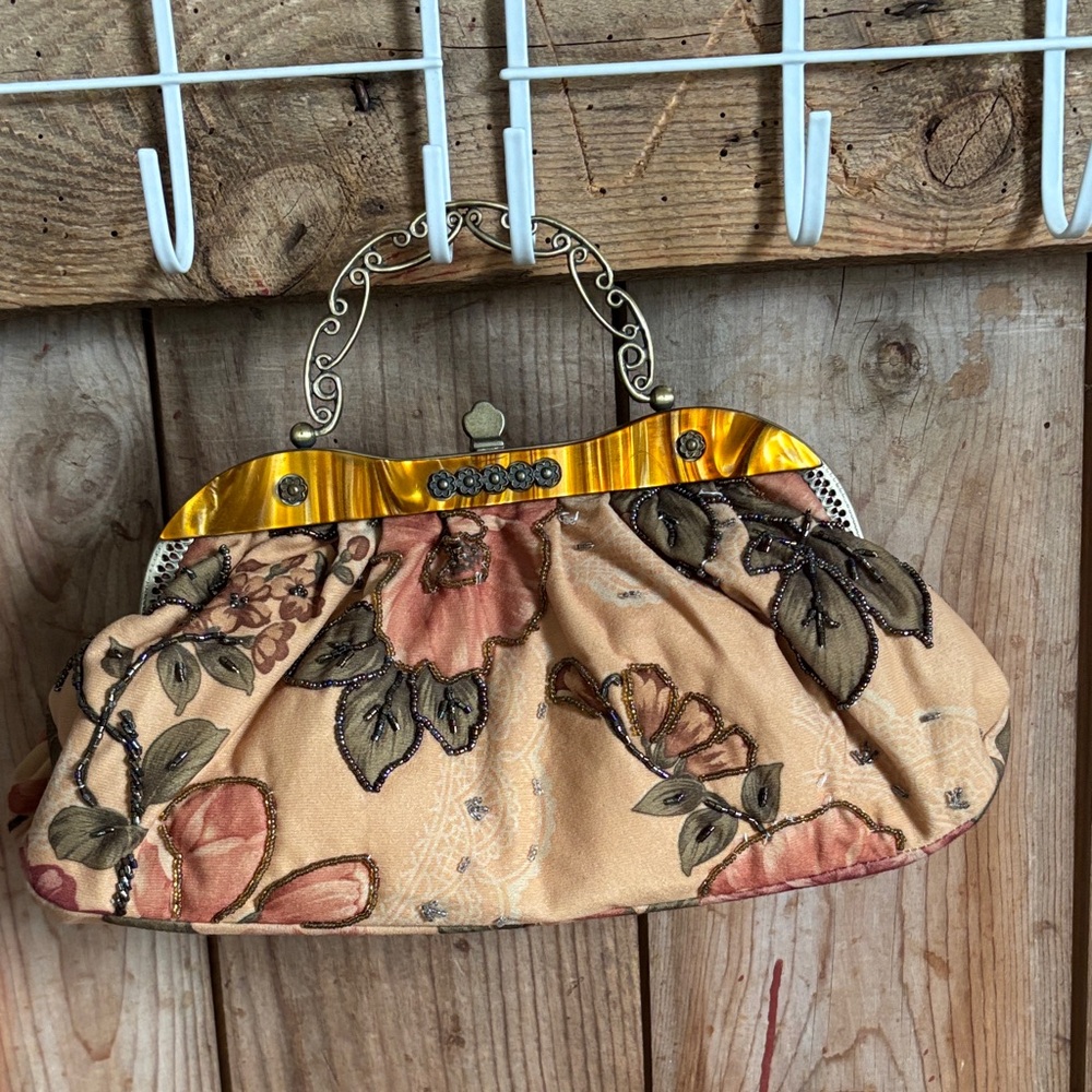 Vintage Floral Embroidered Clutch with Gold Handle and Gold Chain for crossbody